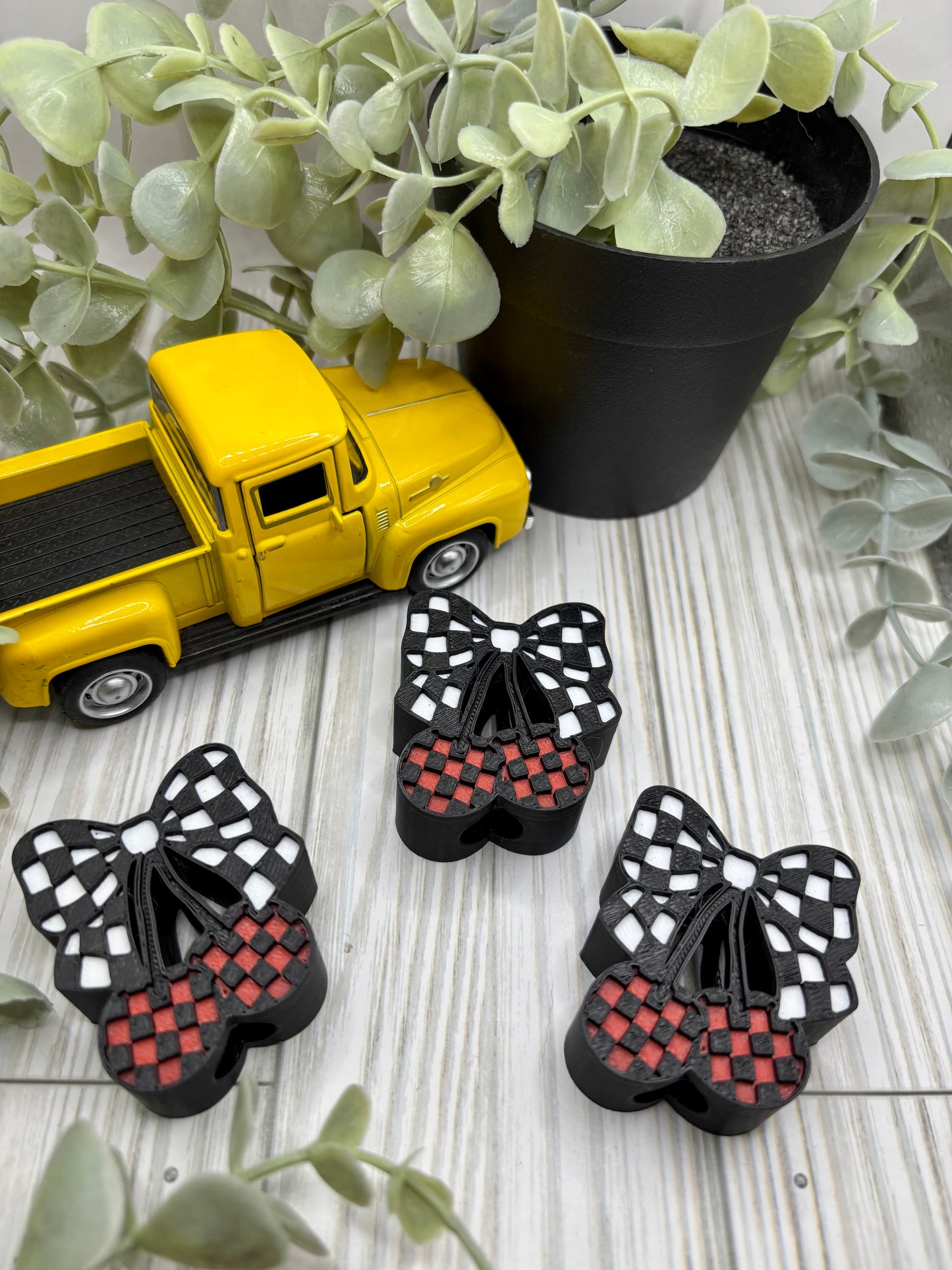 Black & White Checkered Bow Cherry Straw Buddy