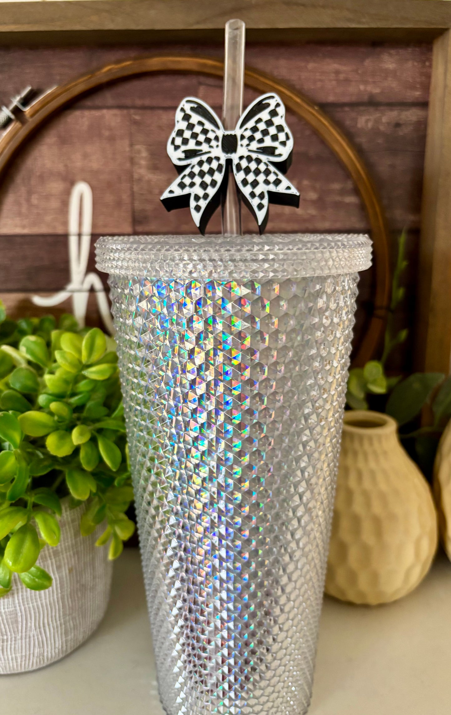 Black & White Checkered Bow Straw Buddy