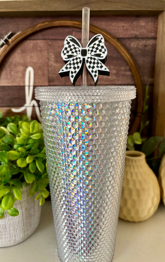 Black & White Checkered Bow Straw Buddy