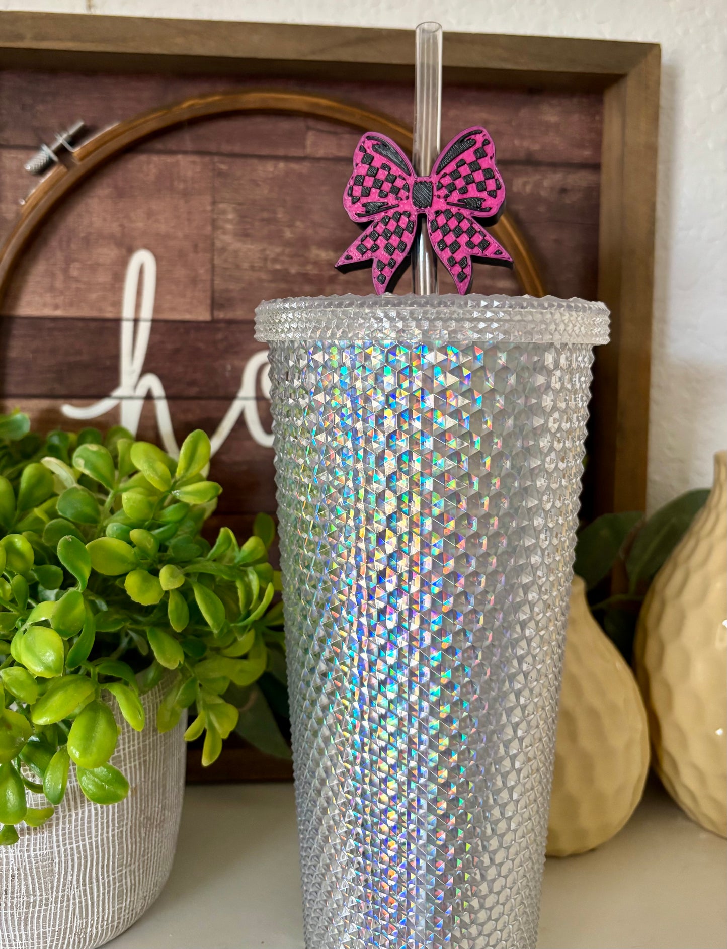 Pink & Black Checkered Bow Straw Buddy