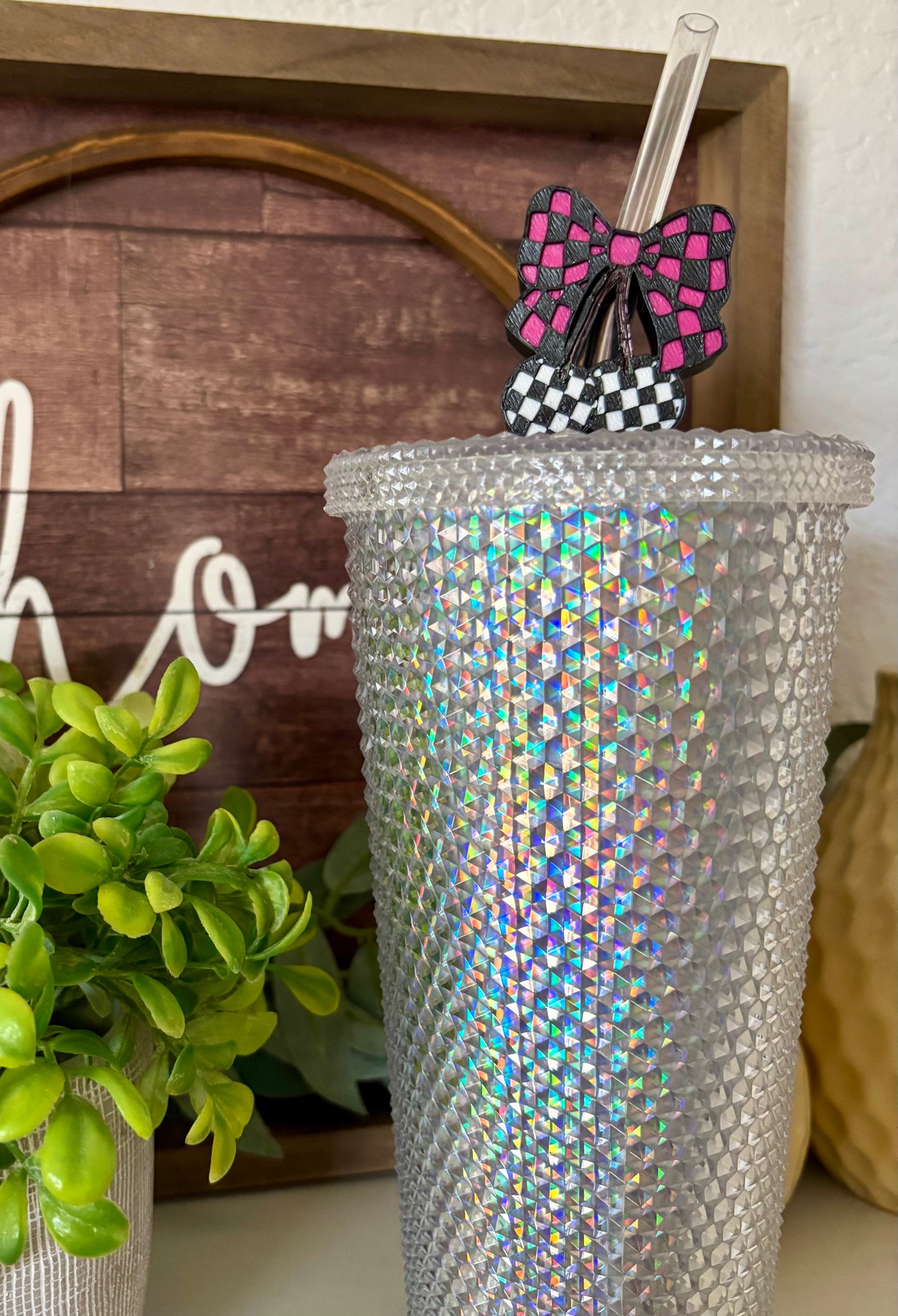 Pink & Black Checkered Cherry Bow Straw Buddy