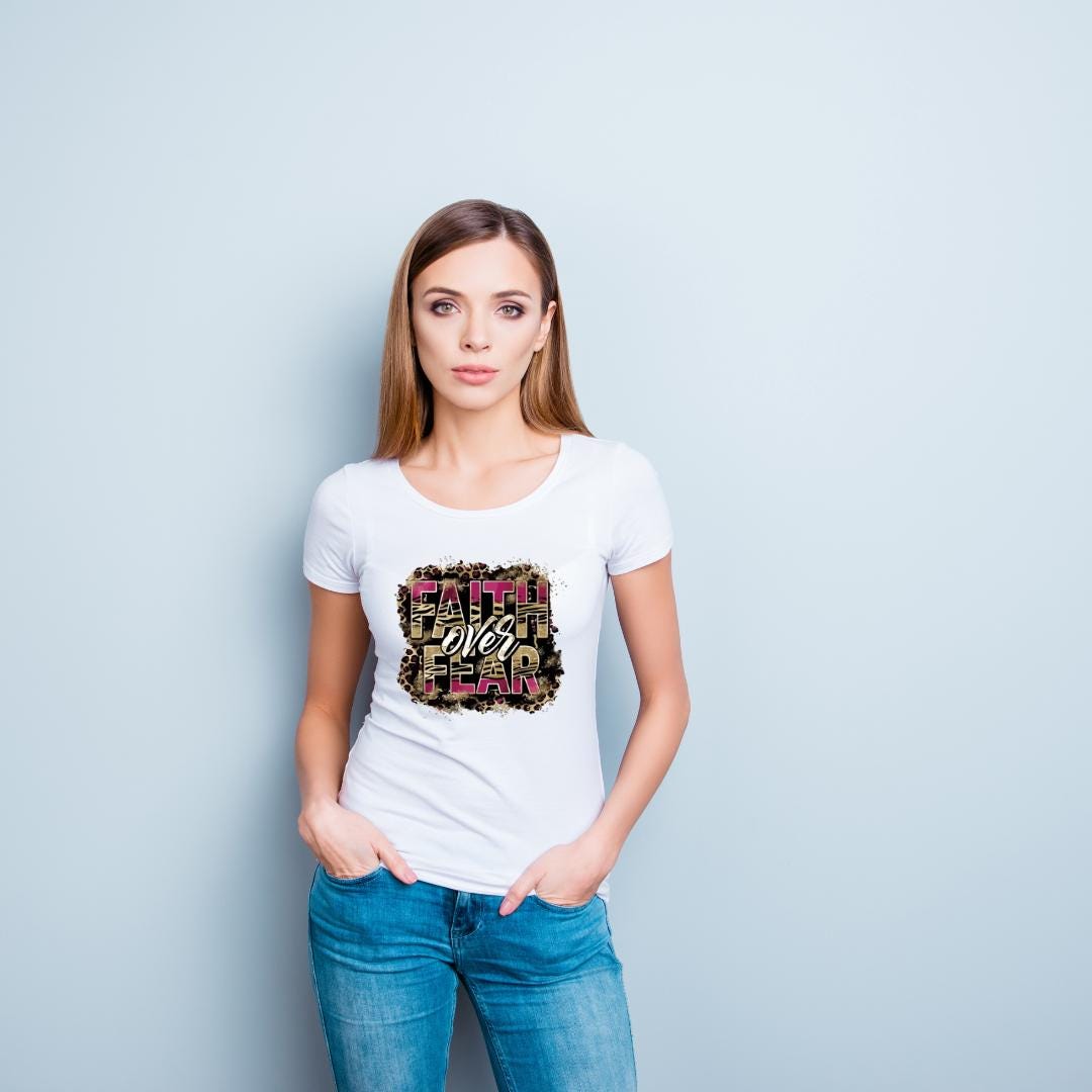 Faith Over Fear T-shirt, Jesus T-shirt, DTF, Christian, Leopard, Faith, Religious, Inspirational T-shirt, Cross, Heat Transfer