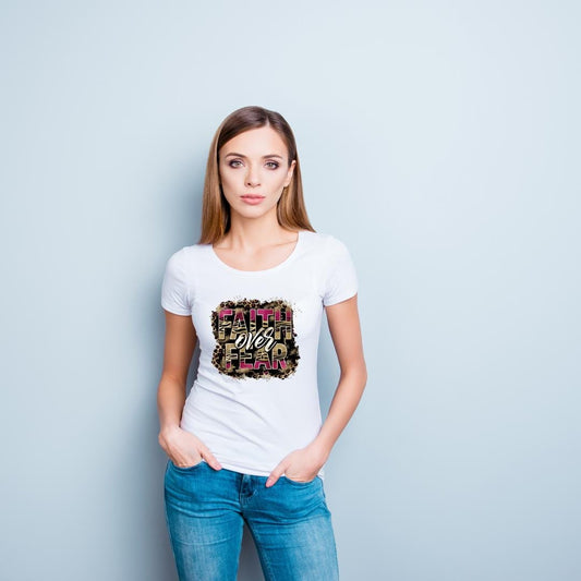 Faith Over Fear T-shirt, Jesus T-shirt, DTF, Christian, Leopard, Faith, Religious, Inspirational T-shirt, Cross, Heat Transfer