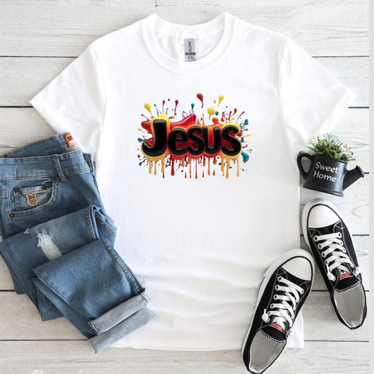 Jesus Paint Splatter T-shirt, Jesus T-shirt, DTF, Christian, Colorful, Faith, Religious, Inspirational T-shirt, Heat Transfer