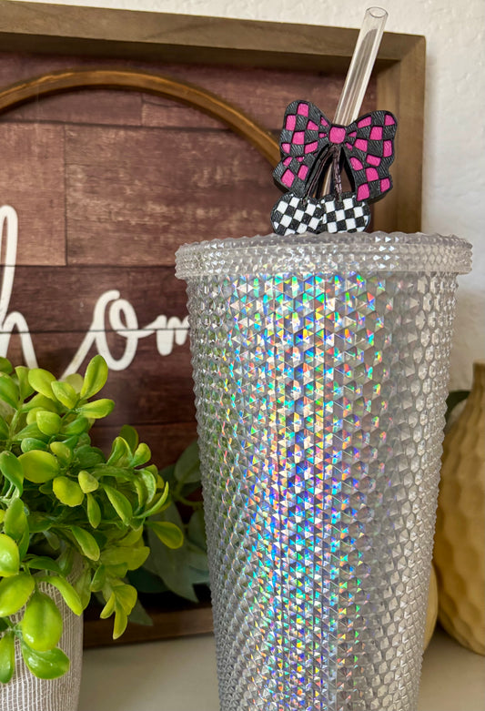 Pink & Black Checkered Cherry Bow Straw Buddy