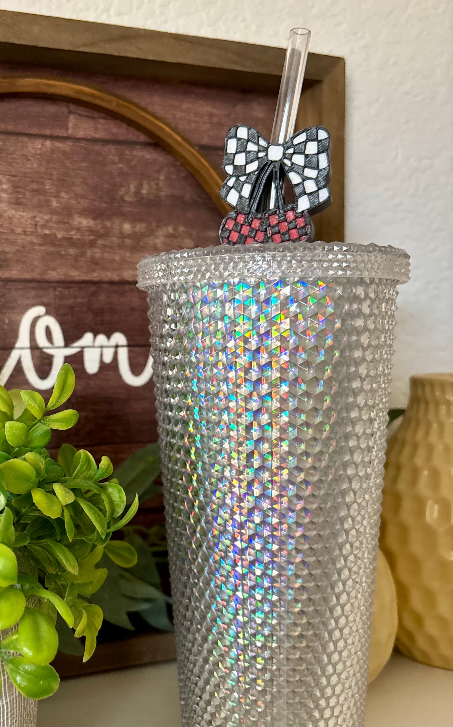Black & White Checkered Bow Cherry Straw Buddy