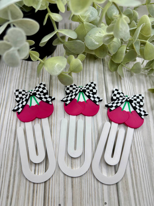 Checkered Bow Cherry Bookmark