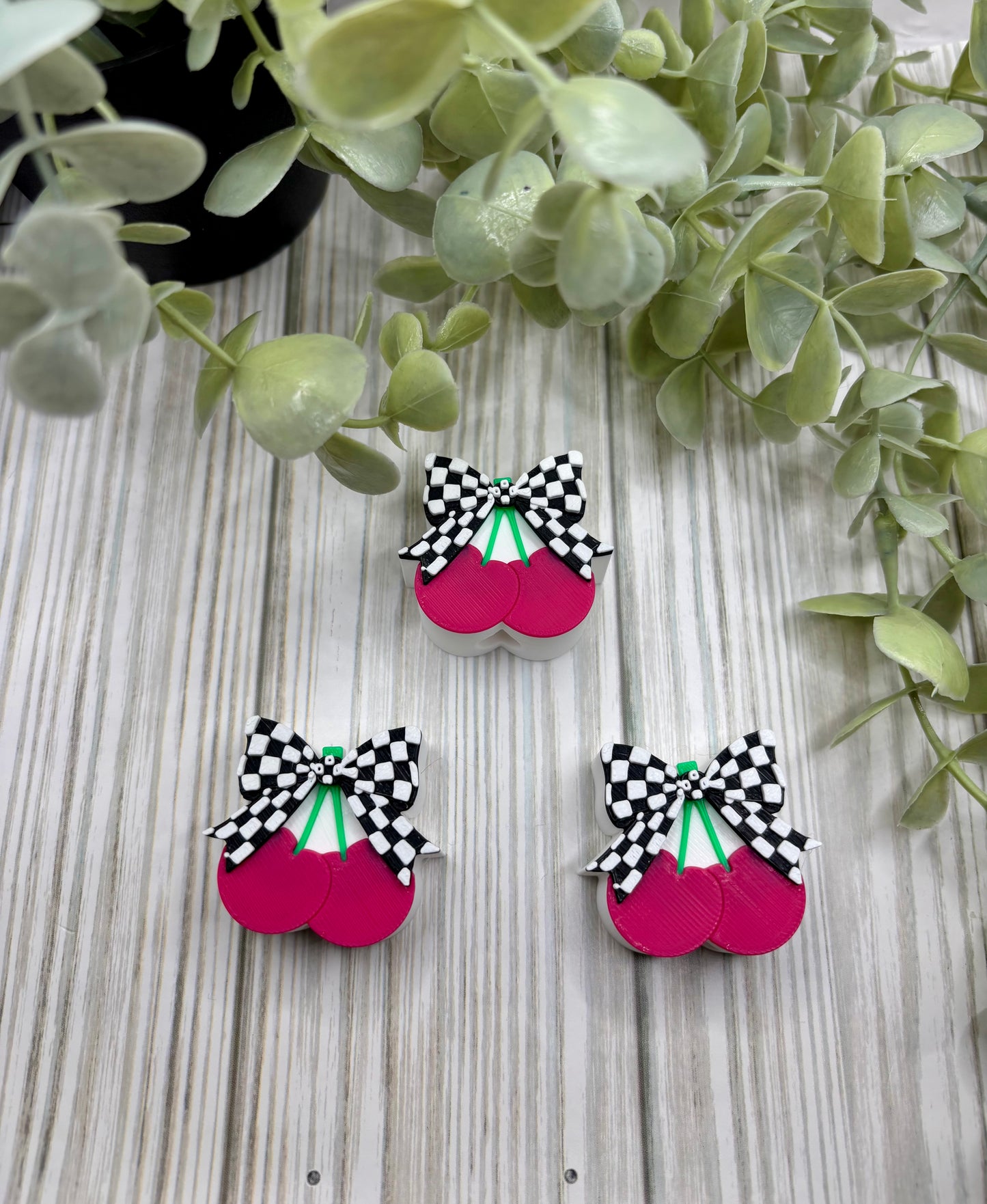 Black & White Checkered Bow Pink Cherry Straw Buddy