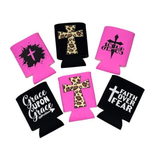 Jesus Cross Koozie, Personalized Koozie, Scripture, Koozie, Pink Koozie, Christian, Religious, Cross, Leopard, Stocking Stuffer, Gift